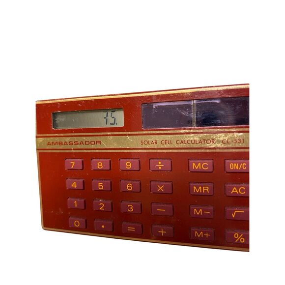 Ambassador CL-531 Vintage Red Solar Calculator Gold Trim Retro 1980s Collectible - Picture 4 of 7
